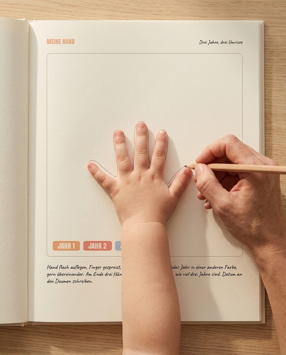 Kinderhand wird auf der Buchseite umfahren